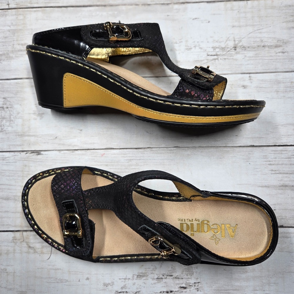 Alegria Lara Wedge Sandals Black Gold Iridescent Leather Womens 37 Adjustable